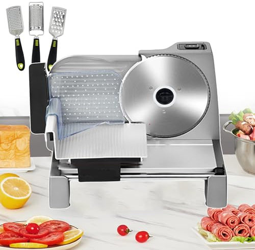 WOTZOV Cortadora de Carne eléctrica para Uso Comercial, cortadora de Carne de Acero Inoxidable de 200 W, cortadora de Verduras y Queso, cortadora de Carne con Hoja de 190/7,5'', Grosor a