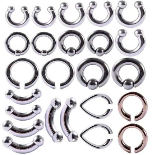 LYLLYL 2 Stück Edelstahl Piercing-Set mit Innen-Gewinde: Gebogener Barbell, PA-Ring Groß, Hufeisen-Clip & Tränen-Ohrdehner für Intim/Lippenbereich