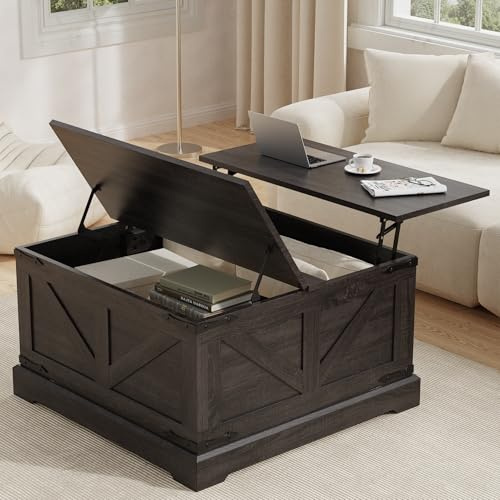 Anunweldo Lift Top Couchtisch, Couchtisch mit Stauraum, quadratischer Mitteltisch für das Wohnzimmer (Dunkelbraun)