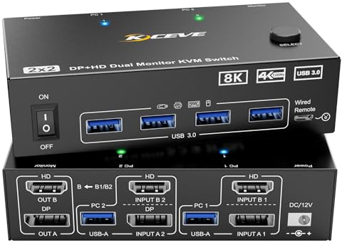 8K@60Hz Displayport HDMI KVM Switch 2 Monitors 2 Computers, 4K@144Hz Dual Monitor KVM Switch 2 Computers with 4 USB3.0 Ports, Includes Wired Remote Control, 12V Power Supply and 2 USB Cables