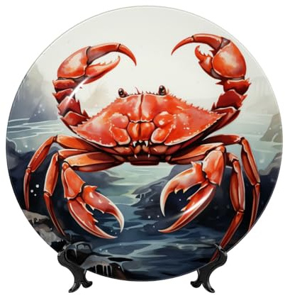 WLKSNBVD Assiette décorative en porcelaine anglaise de 20,3 cm, assiettes à dîner en céramique de crabe rouge avec support de présentation, assiettes en porcelaine pour la maison, le bureau, la
