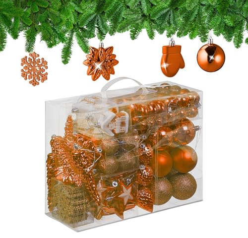 Relaxdays 100x Christmas Ornaments, Baubles, Glittering, Matte & Shiny, Tree Decorations, Plastic, 10 Designs, Orange