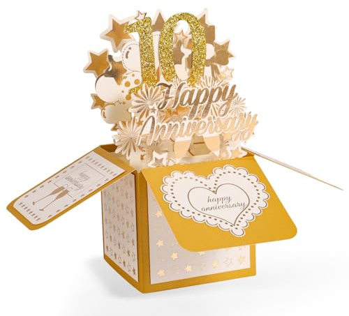 10:e Årsdagskort, 3D Guld Happy Anniversary Pop-Up Kort med Kuvert för Kvinnor Män Fru Man Par Föräldrar Honom Henne Bröllopsgåva