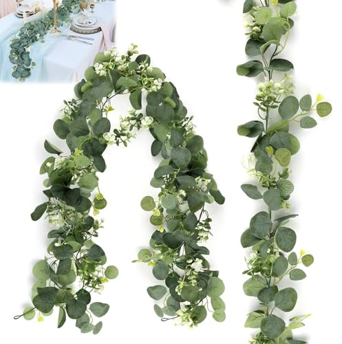 MOLENCO 2 Stück 1.8m Künstliche Girlanden Eukalyptus, Eukalyptusranke | Hängend Grüne Blätter Deko mit Weiße Blumen Silberdollar, Realistischem Aussehen, für Esstische Treppen Garten Hochzeit Bogen