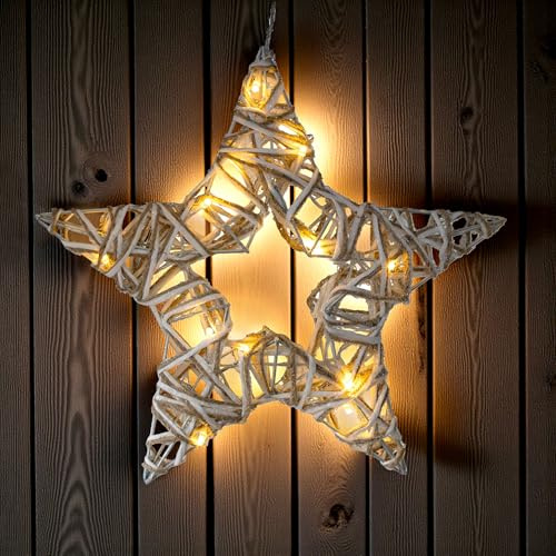 Rattan Stern zum Hängen warm weiß beleuchtet mit Timer - 35 cm - Weihnachtsstern Deko Leuchte 15 LED Batterie betrieben - Adventsstern Sternlampe Weihnachten Stimmungslicht Advent Dekoleuchte