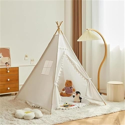 Herfair Tipi Tienda de campaña para niños, para interior con bola de fieltro, color crema, algodón, casa de juegos, decoración para habitación infantil, regalos, 160 x 120 x 120 cm