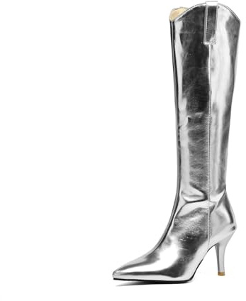 Generico Stivali Metallici Lucidi da Donna Alti Fino al Ginocchio Punta Puntuta Tacchi a Spillo Confortevoli Antiscivolo Resistenti all'Usura per Festa Club Sera,Argento,47.5 EU
