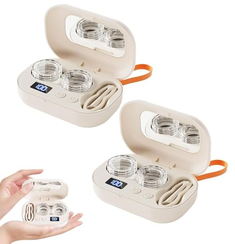 Rechargeable Ultrasonic Contact Lens Cleaner, Eye Contact Cleaner with Vanity Mirror, Portable Soft Lens Care Device with Two Cleaning Modes, Soft Len Cleaning Machine for Home Travel (2pcs)