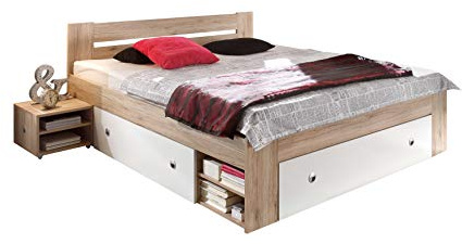 AVANTI TRENDSTORE - Stefan - Letto francese Futon con 2 comodini e 3 cassettoni estraibili salvaspazio inclusi nella struttura in legno laminato, disponibile in diversi colori (Marrone - bianco)