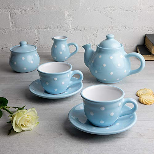 City to Cottage® - Service à Thé Pour Deux | Bleu Ciel à Pois Blancs en Céramique Fait et Peint à la Main | Petite Théière 750ml 2-3 Tasses, Pot à Lait, Sucrier, Deux tasses et sous tasses