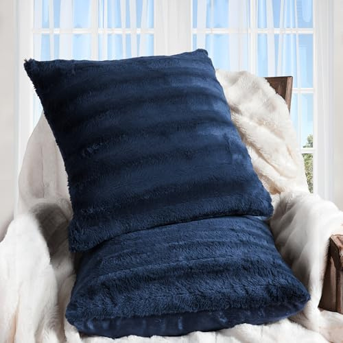 Cheer Collection Faux Fur Throw Pillows - Decorative Pillows for Couch, Bed Throw Pillows, Blue Accent Pillows for Bedroom or Living Room Aesthetic, Set of 2 Furry Throw Pillows, 20 x 20