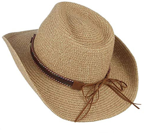 CHENNUO Cowboyhut Strohhut Damen UV Schutz Sonnenhut Fedora Sommerhut Breite Krempe Strand Hut (Beige)