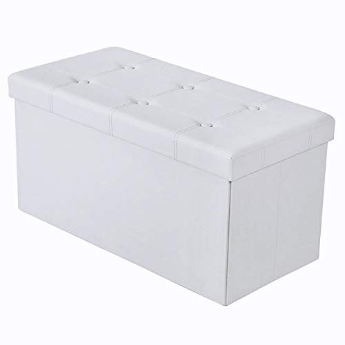 BRIAN & DANY Faux Leather Folding Ottoman Storage Bench, Storage Chest, Perfect Toy and Shoe Chest, Storage Ottoman with Cover, White, 80 x 40 x 40 cm