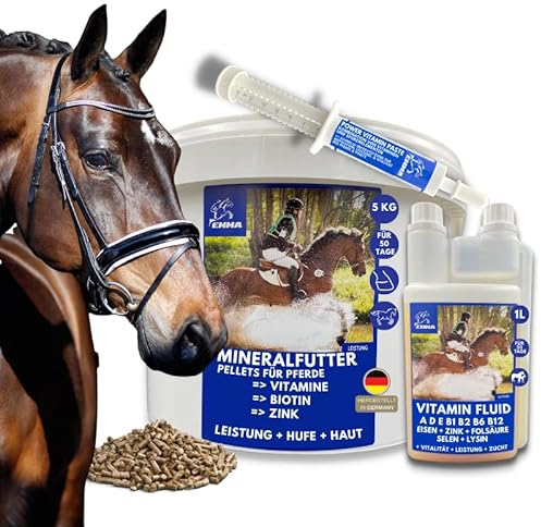 Mineralfutter Pferde + Vitamin b Pferd • Biotin Zink Selen Bierhefe Pferd • Zusatz Pferdefutter + Mangan Magnesium Pferd + Paste + Liquid • Vitamin b komplex Fell Fellwechsel Huf Haut Haar 5Kg1L30ml