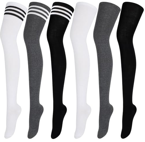 ANECO 6 par lårstrumpor knähöga varma strumpor kvinnor stövel strumpa benvärmare höga strumpor för daglig användning, cosplay, Svart, vit, mörkgrå randiga färger, rena färger, Medium-Large