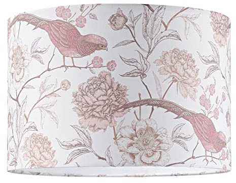 Traditional and Elegant Cotton Fabric Lamp Shade with Pink Long Tailed Birds and Floral Decoration | for Pendant Table or Floor | 20cm x 30cm by Happy Homewares