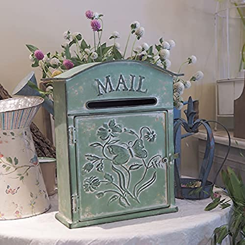 Briefkästen Mit Grünem Blumenmuster Zur Wandmontage – Briefkasten Mit Schloss – Rustikaler Landhausstil, Grüner Briefkasten Aus Eisenblech Mit Blumenmuster, Retro-Heimdekoration,Grün,31,5 X 26,5 X