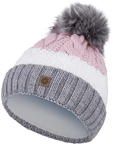 Compagno Wintermütze Mütze Damen Bommelmütze gestreift Strickmütze Winter gefüttert Mädchen Fleece Futter Beanie 102, Farbe:Hellgrau