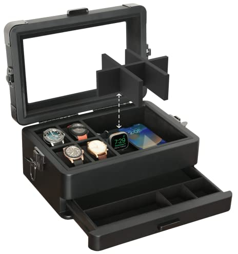 CASE ELEGANCE Militäruhrenbox mit 10 Fächern für Herren, Echtglasplatte, modulares Valet-Tablett, Apple Watch kompatibel mit Apple Watch-Ständer – Schwarz