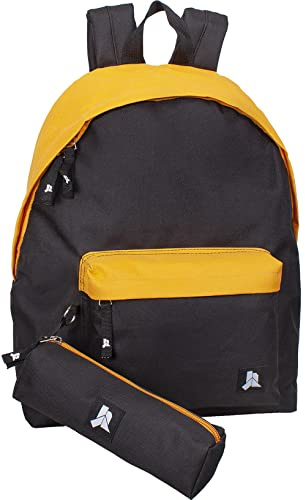Julian Ross Schwarz Gelb Rucksack mit Federmäppchen für Grundschule, Hauptschule und Oberschule für Kinder und Jugendliche, Junge und Mädchen, 41cm, 24L, wasserdichtes Polyester, Freizeit, Reisetasche