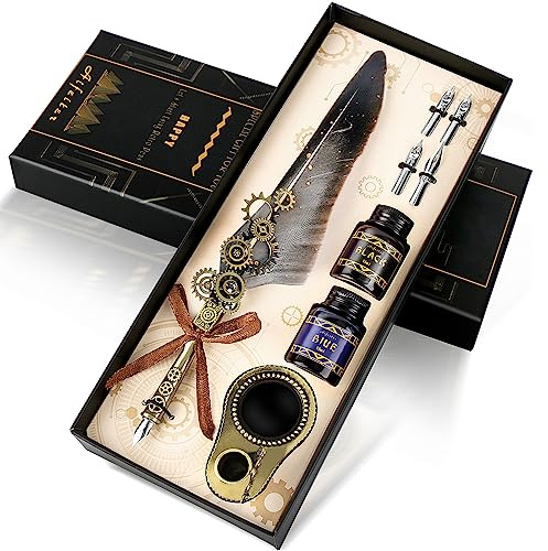 MPRINCE Set di inchiostri per penne piuma, set di penne per calligrafia, include penna d'oca, 2 bottiglie di inchiostro colorato, supporto 2 in uno, 4 pennini in acciaio inossidabile, confezione rega