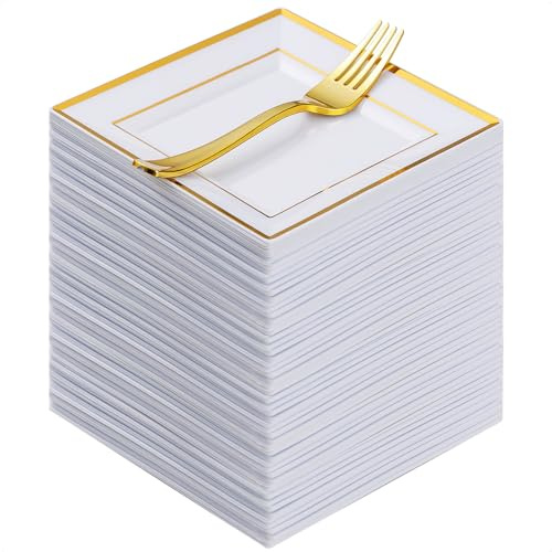 Goodluck 240PCS 6.5 Square Gold Dessert Plastic Plates with 7.4 Forks, Gold Appetizer Plates for 120 Guests, Including 120 Disposable Cake Plastic Plates and 120 Forks for Wedding/Birthday Party