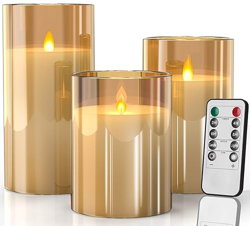 SUNNEST LED Kerzen Flammenlose im Glas, batteriebetrieben, mit Fernbedienung und Timerfunktion, realistisches, warmes Licht mit Flammenschütteleffekt, Set aus 3 Wachs Säulenkerzen, Gold