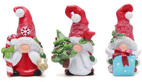 Hodao Christmas Gnome Decorations Set of 3 - Hand-Painted Resin Santa Gnomes with Candy Cane, Christmas Tree & Gift Box, Holiday Home Decor for Tiered Tray, Mantel, Tabletop, Windowsill