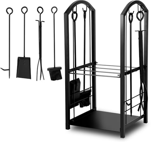 Ikodm Étagère à bois de cheminée intérieure et extérieure, étagère métal pour bois de chauffage 37 x 33 x 74 cm, aide à l'empilage