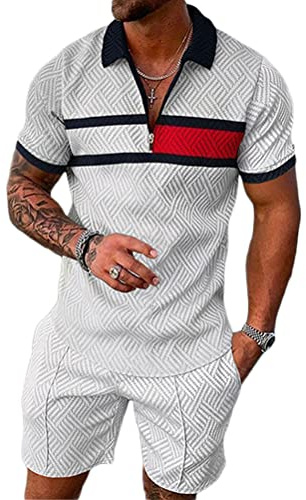 Osheoiso Trainingsanzug für Herren Sommer Sportanzug 2 Teiliges Bedruckter Outfit Set Kurzarm Casual Polo T-Shirts mit Revers + Kurze Hose Freizeitanzug für Männer