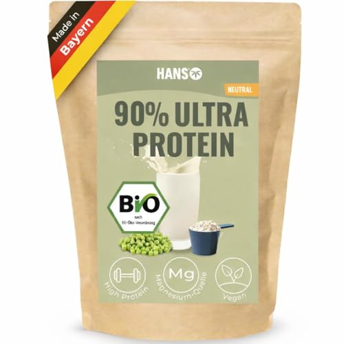 HANS Brainfood 90% Bio ULTRA fermentiertes Erbsenprotein Pulver cremig 1kg neutral - Veganes Proteinpulver cremig Mit Optimalem Aminosäurenprofil & Gut löslich - Bio Protein Pulver (1000g)