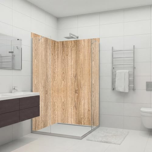 dedeco Paroi de douche imperméable - Motif : bois V1 - 2 x 100 x 200 cm - Pour remplacement du carrelage, mur décoratif, revêtement mural et plateau de douche en aluminium - Fabriqué en Allemagne
