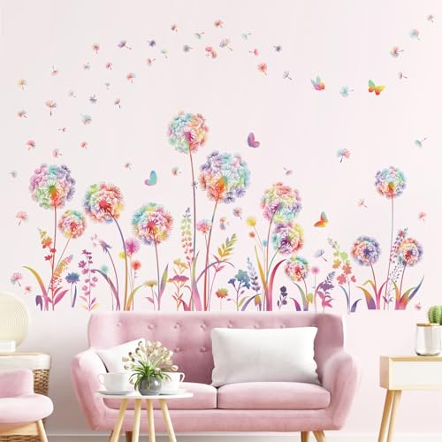decalmile Wandsticker PusteblumeBlumen Wandtattoo Löwenzahn Schmetterling | Abziehbare und Aufklebbare Wandaufkleber, DIY Abnehmbare Wandkunst Abziehbilder, Wandfreundlich, Leuchtenden Farben