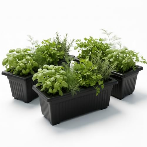 SIDSONS - 70cm Set of 4 Rectangular Window Planters - Sleek Black Outdoor/Indoor Flower Pots - Plastic Trough Pot with Drainage & Airflow - Flowers Trough for Window Sill