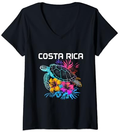 Damen Costa Rica Meeresschildkröte Blumen Tauchen Surfer Souvenir T-Shirt mit V-Ausschnitt