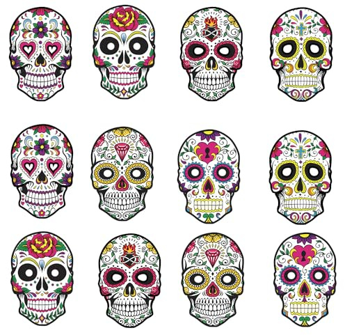 HEREER Décorations pour le jour des morts, 12 pièces, masque en papier pour Dia De Los Muertos, décoration pour fêtes d'Halloween (jaune)