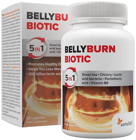Bakterienkulturen Kapseln mit 200 Milliarden Milchsäurebakterien, Grüner Tee, Inulin, Pantothensäure, und Vitamin B6, 30 Kapseln für 30 Tage, BellyBurn Biotic von Sensilab