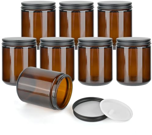 MAOOY 8 Pots Verre Ambré 240ml Vides - Avec Couvercle Métallique et Garniture, Récipients Polyvalents à Protection UV, Grands Pots d'Apothicaire pour Cosmétiques, Ointments, Lotions.