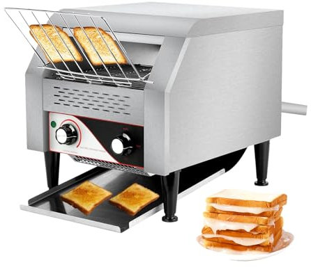 Tostador con Cinta Transportadora de Acero Inoxidable, 230V, Tostadas y Panecillos de Hamburguesa, Bandeja de Cobertura Recogemigas, 2 Compartimentos de Salida, 7 Ajustes de Velocidad,300PCS/Hour