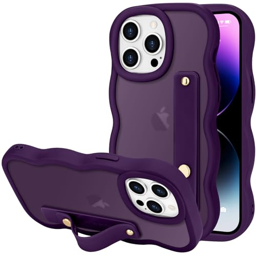 LLZ.COQUE for iPhone 14 Pro Case, Curly Wave Frame with Adjustable Hand Strap Stand Phone Case, Translucent Matte Back Anti-scratch Shockproof Bumper Cover for iPhone 14 Pro, Dark Purple