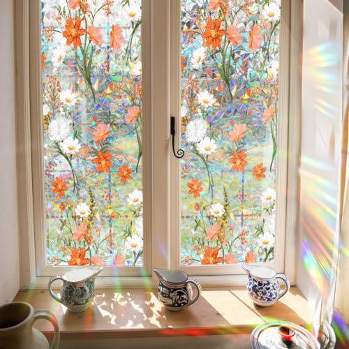 GORGECRAFT 100x43cm Wildflower Rainbow Window Privacy Film Sun Blocking Window Decals Stained Window Glass Decorative 3D Static UV Resistant Cling Suncatcher Reflective Non-Adhesive for Room Home