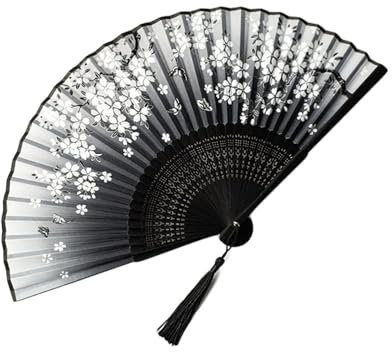 NTIYOU Folding Fan Handheld Floral Folding Fans Hand Held Fans Silk Fans with Tassel Foldable Vintage Fan for Decoration Gifts Black Hand fans