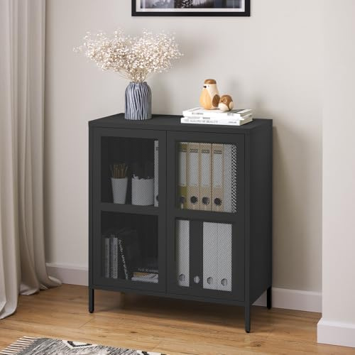 skølm Zephyr Metall Kommode – Sideboard mit 2 Fächern & flexiblen Einlegeboden – Mehrzweckschrank mit Push-to-Open-Türen – Metallschrank Schwarz – Industrial Highboard – Flurschrank mit Füßen