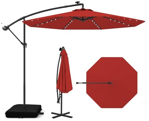 COSTWAY 300 cm Sonnenschirm mit Ständer und LED-Beleuchtung | Ampelschirm mit Kurbel, Gartenschirm, UV-Schutz, Terrassenschirm, Marktschirm für Garten, Terrasse, Rot