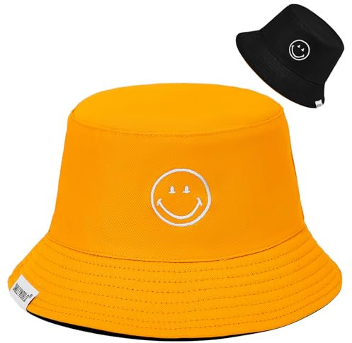 Durio Fischerhut Herren Sonnenhut Damen Baumwolle Bucket Hat Herren Reversibel Faltbar Anglerhut Sommerhut Reisen SmileyWorld® Schwarz Gelb