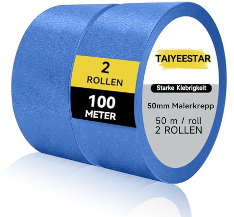 Taiyeestar 2 Rollen Blau Malerkrepp, Klebeband, Profi-Kreppband für Malerband, Abdeckband Malertape Klebeband Washi Tape Papiertape Selbstklebend (50 mm x 50 m)