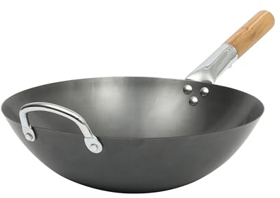 SUR LA TABLE Kitchen Essentials Quick Fire 13.5 Carbon Steel Flat Bottom Wok – Durable Nonstick Stir Fry Pan
