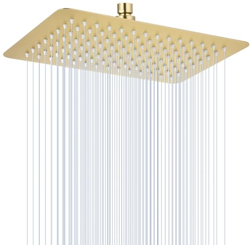 KINLIV 30CM X 20CM Duschkopf Regendusche Gold, 304 Edelstahl Quadrat Wasserfall Duschkopf Wassersparend, Mit 112 Anti Kalk Düsen, 360° Verstellbarer 12 X 8 Zoll Deken Regenduschkopf