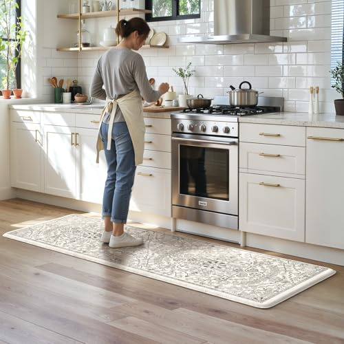Kimdoe Boho-Küchenmatte, gepolstert, Anti-Ermüdung, rutschfest, wasserdicht, Grau, 61 x 180,3 cm, Küchenläufer, Teppich, ergonomisch, Komfortschaum-Stehmatte