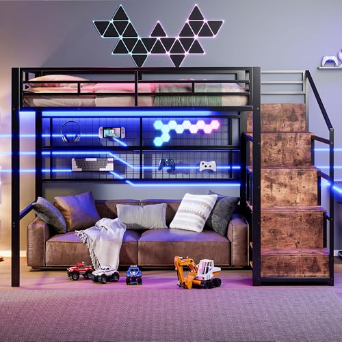 LED Metallbett Etagenbett 140x200,Kinderbett Hochbett mit Treppe&Kleiderschrank&Aufbewahrungsschrank&Gitterregal,Funktionsbett Stockbett Spielbett Jugendhochbett mit Lattenrost,Ohne Matratze,Schwarz